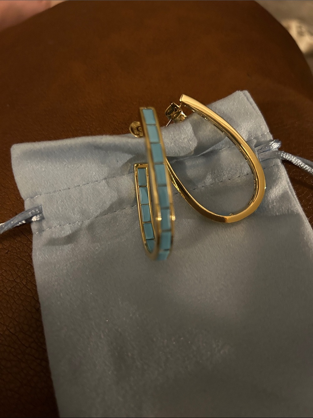 Rivka Friedman 18 karat Gold clad Turquoise CZ hoops.